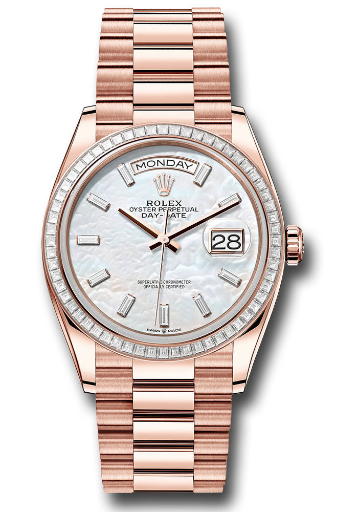 *Pre-Owned* Rolex Everose Gold Day-Date 36 Watch - Diamond Bezel - White Mother-Of-Pearl Dial - President Bracelet