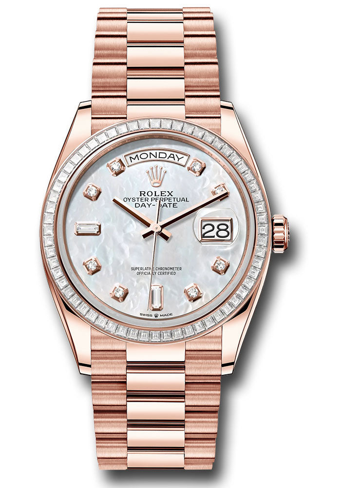 *Pre-Owned* Rolex Everose Gold Day-Date 36 Watch - Diamond Bezel - White Mother-Of-Pearl Diamond Dial - President Bracelet