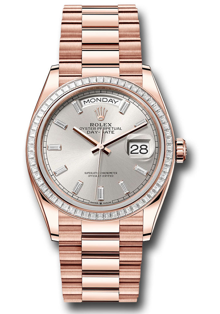 *Pre-Owned* Rolex Everose Gold Day-Date 36 Watch - Diamond Bezel - Silver Dial - President Bracelet
