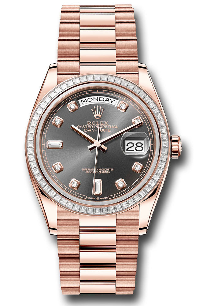 *Pre-Owned* Rolex Everose Gold Day-Date 36 Watch - Diamond Bezel - Slate Diamond Dial - President Bracelet
