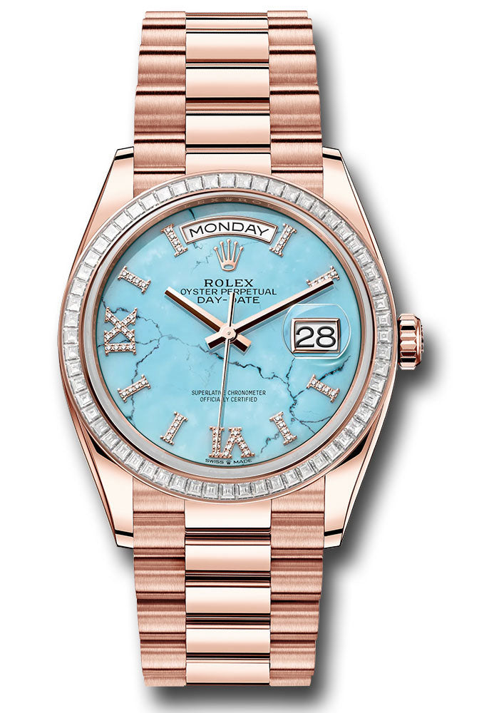 *Pre-Owned* Rolex Everose Gold Day-Date 36 Watch - Diamond Bezel - Turquoise Diamond Index Roman 9 Dial - President Bracelet