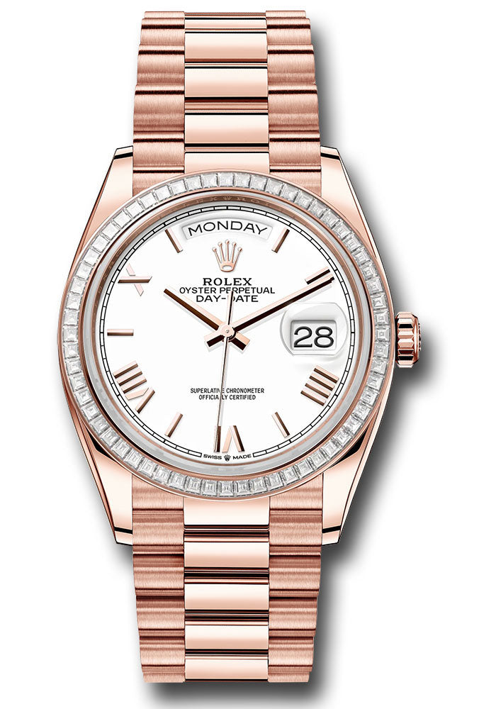 *Pre-Owned* Rolex Everose Gold Day-Date 36 Watch - Diamond Bezel - White Roman Dial - President Bracelet