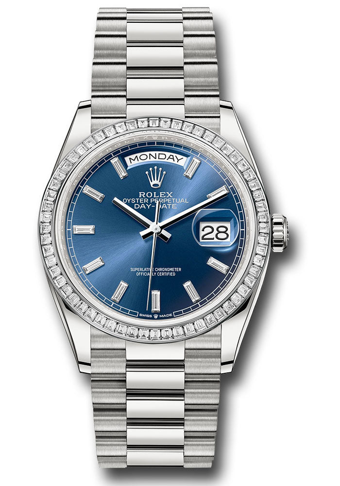 *Pre-Owned* Rolex Platinum Day-Date 36 Watch - Diamond Bezel - Blue Dial - President Bracelet