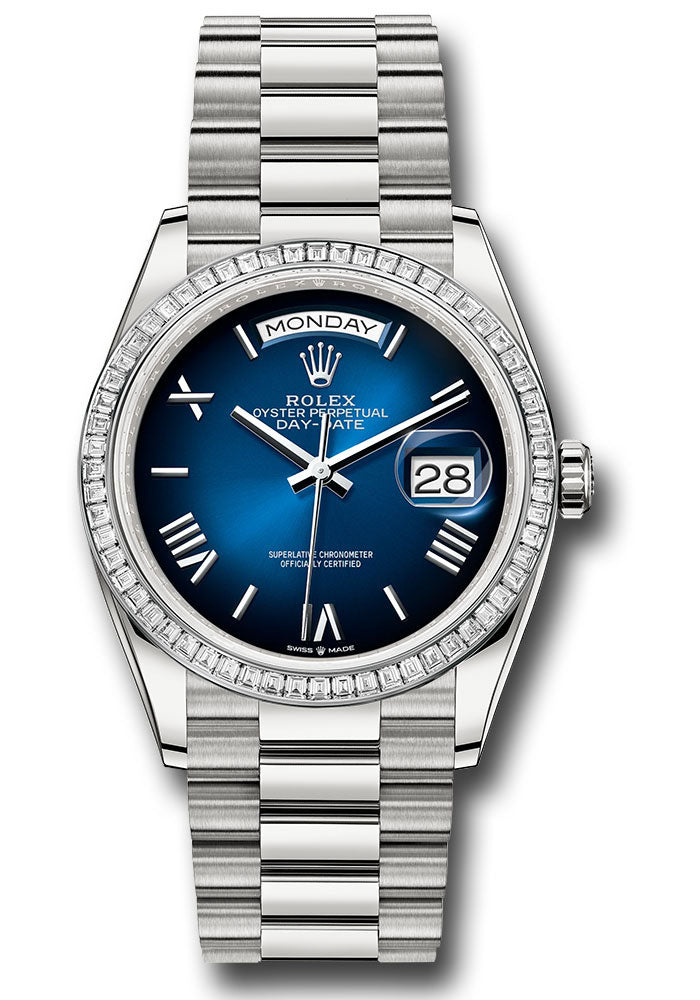 *Pre-Owned* Rolex Platinum Day-Date 36 Watch - Diamond Bezel - Blue OmbrÃ© Roman Dial - President Bracelet