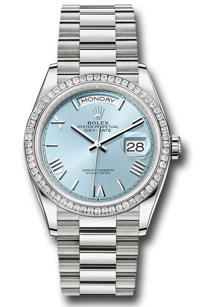 *Pre-Owned* Rolex Platinum Day-Date 36 Watch - Diamond Bezel - Ice Blue Roman Dial - President Bracelet