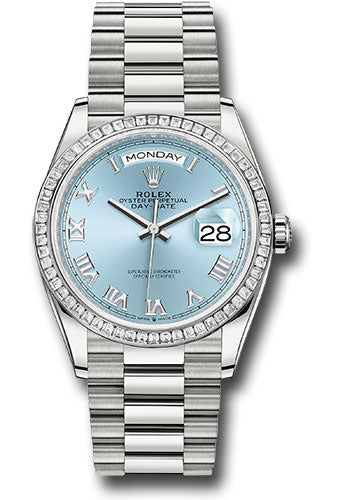 *Pre-Owned* Rolex Platinum Day-Date 36 Watch - Diamond Bezel - Ice Blue Roman Dial - President Bracelet