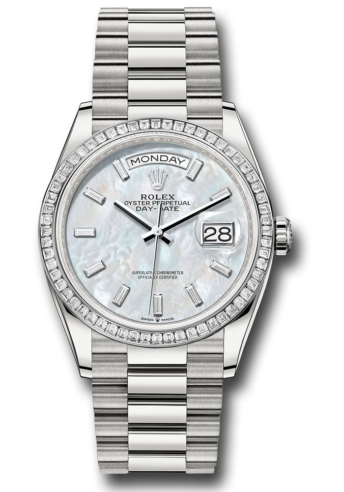 *Pre-Owned* Rolex Platinum Day-Date 36 Watch - Diamond Bezel - White Mother-Of-Pearl Dial - President Bracelet