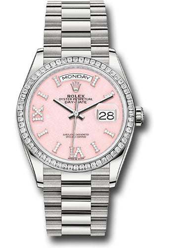 *Pre-Owned* Rolex Platinum Day-Date 36 Watch - Diamond Bezel - Pink Opal Diamond Index Roman 9 Dial - President Bracelet