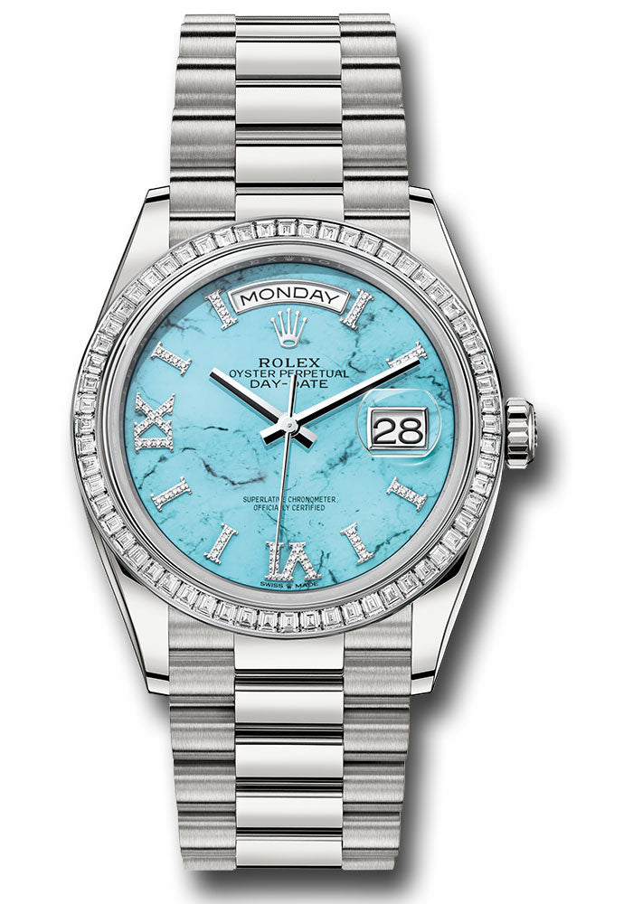 *Pre-Owned* Rolex Platinum Day-Date 36 Watch - Diamond Bezel - Turquoise Diamond Index Roman 9 Dial - President Bracelet