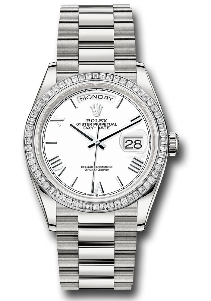 *Pre-Owned* Rolex Platinum Day-Date 36 Watch - Diamond Bezel - White Roman Dial - President Bracelet