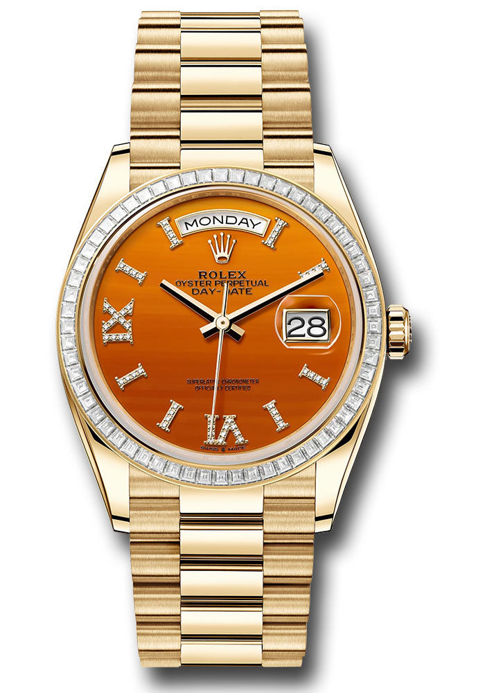*Pre-Owned* Rolex Yellow Gold Day-Date 36 Watch - Diamond Bezel - Carnelian Diamond Index Roman 9 Dial - President Bracelet