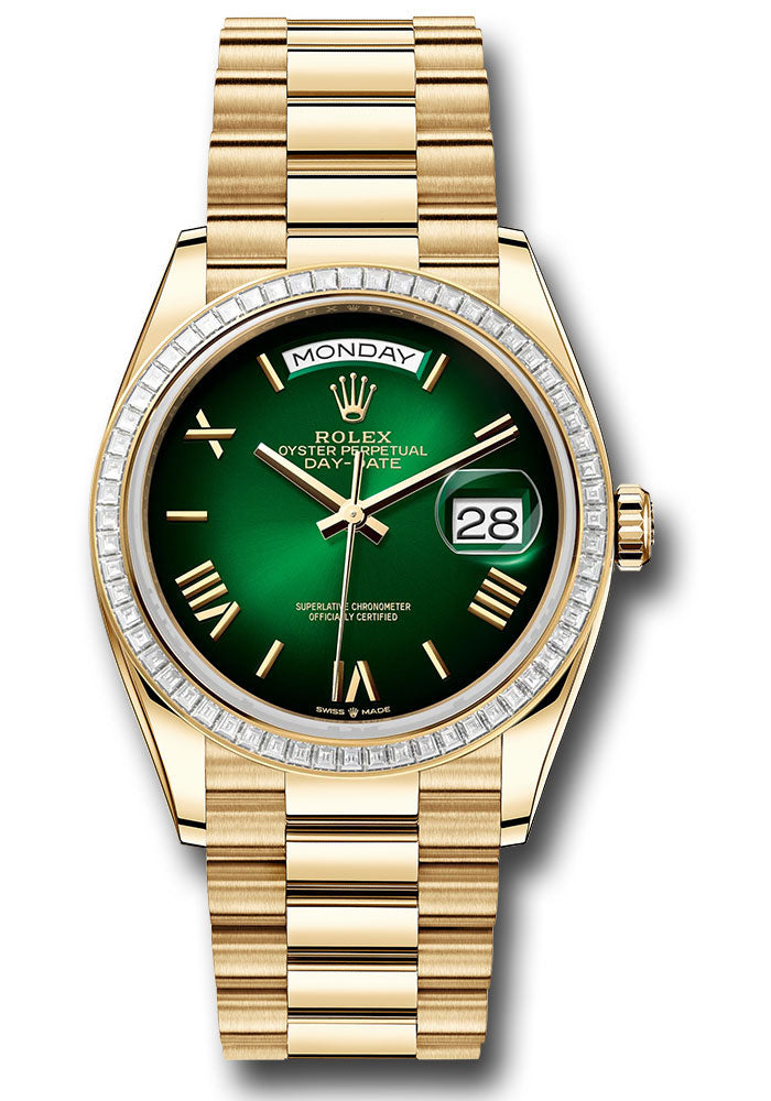 *Pre-Owned* Rolex Yellow Gold Day-Date 36 Watch - Diamond Bezel - Green OmbrÃ© Roman Dial - President Bracelet