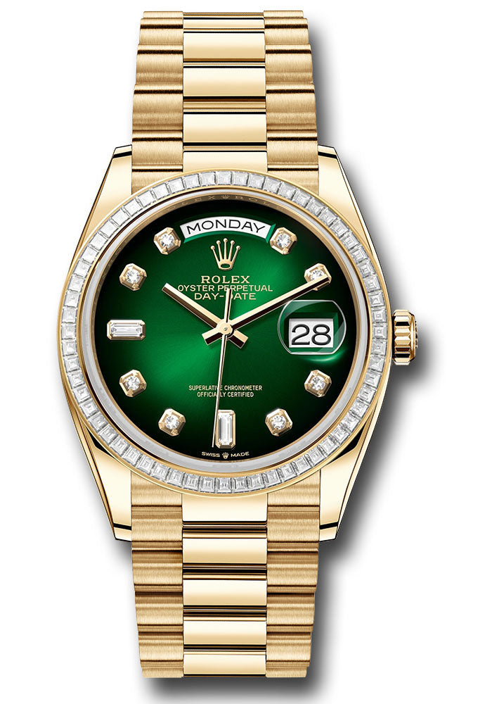*Pre-Owned* Rolex Yellow Gold Day-Date 36 Watch - Diamond Bezel - Green OmbreÌ Diamond Dial - President Bracelet