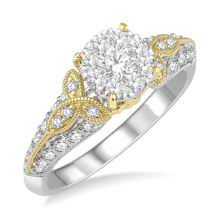3/4 Ctw Round Diamond Shine Bright Vintage Inspired Engagement Ring in 14K White and Yellow Gold