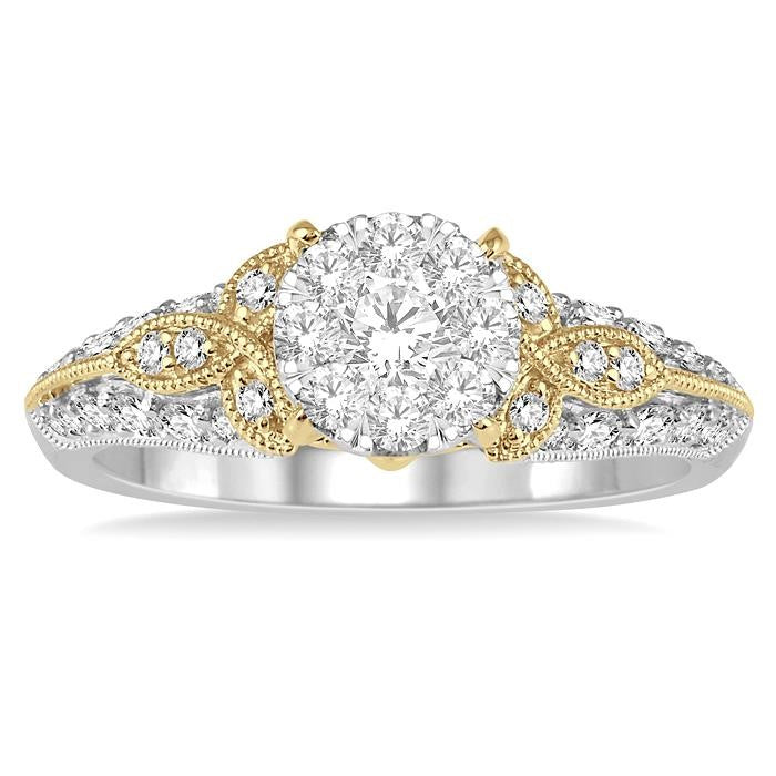 3/4 Ctw Round Diamond Shine Bright Vintage Inspired Engagement Ring in 14K White and Yellow Gold