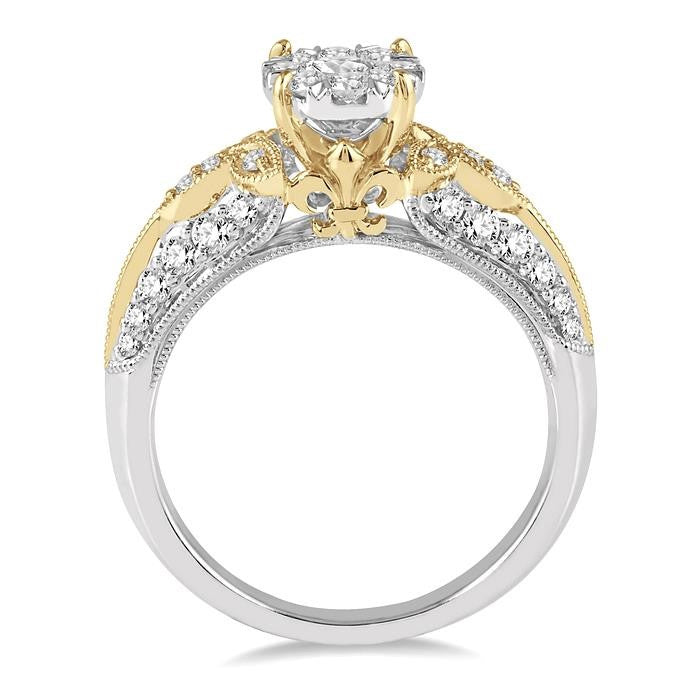 3/4 Ctw Round Diamond Shine Bright Vintage Inspired Engagement Ring in 14K White and Yellow Gold