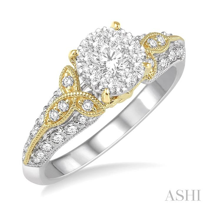 3/4 Ctw Round Diamond Shine Bright Vintage Inspired Engagement Ring in 14K White and Yellow Gold