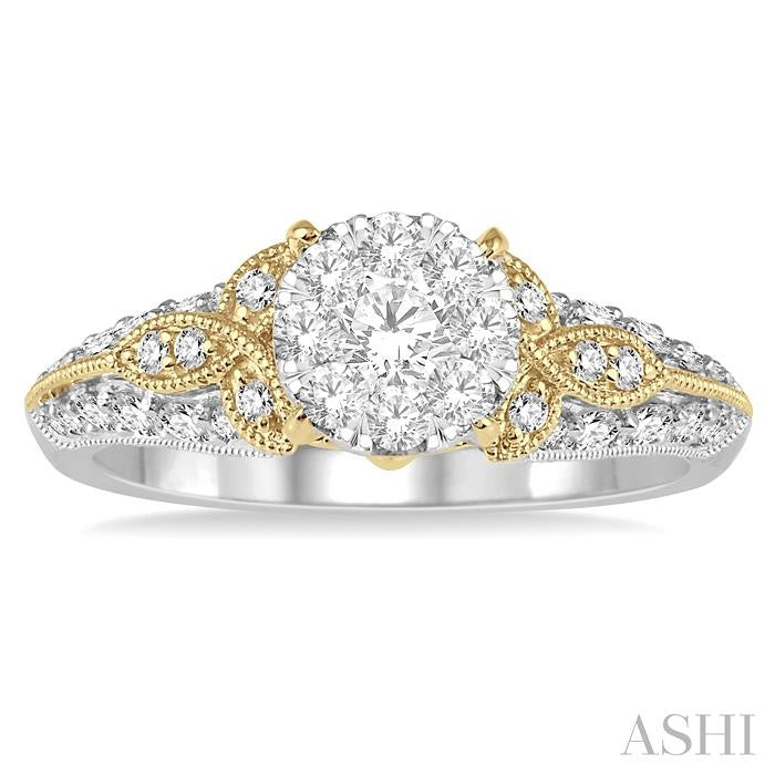 3/4 Ctw Round Diamond Shine Bright Vintage Inspired Engagement Ring in 14K White and Yellow Gold
