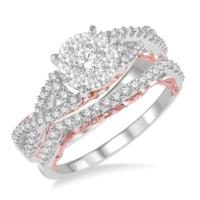 7/8 Ctw Shine Bright Diamond Wedding Set With 5/8 Ctw Round Entwined Shank Engagement Ring and 1/5 Ctw Wedding Band in 14K White and Rose Gold