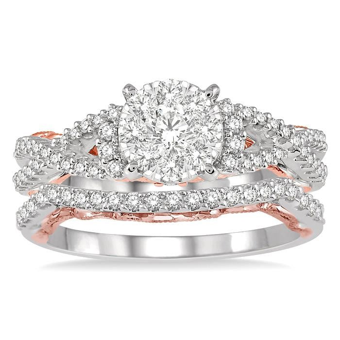 7/8 Ctw Shine Bright Diamond Wedding Set With 5/8 Ctw Round Entwined Shank Engagement Ring and 1/5 Ctw Wedding Band in 14K White and Rose Gold