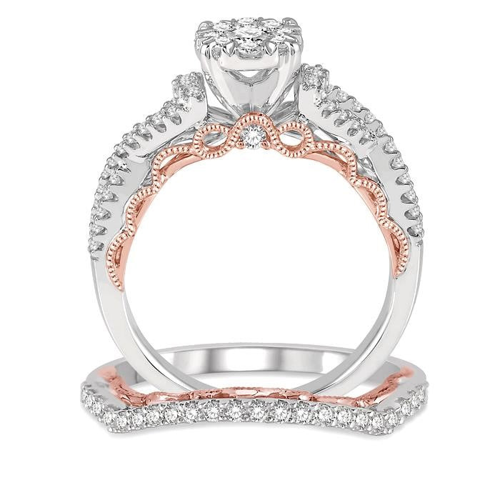 7/8 Ctw Shine Bright Diamond Wedding Set With 5/8 Ctw Round Entwined Shank Engagement Ring and 1/5 Ctw Wedding Band in 14K White and Rose Gold