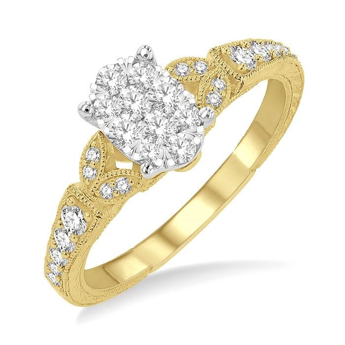 1/2 Ctw Oval Shape Leaf Carved Shank Shine Bright Round Cut Diamond Engagement Ring in 14K Yellow and White Gold