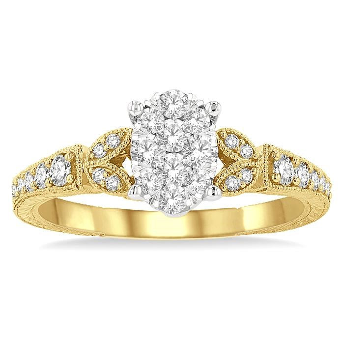 1/2 Ctw Oval Shape Leaf Carved Shank Shine Bright Round Cut Diamond Engagement Ring in 14K Yellow and White Gold
