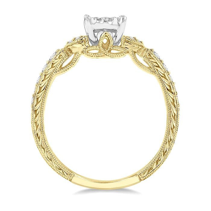 1/2 Ctw Oval Shape Leaf Carved Shank Shine Bright Round Cut Diamond Engagement Ring in 14K Yellow and White Gold