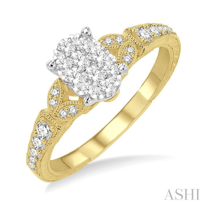 1/2 Ctw Oval Shape Leaf Carved Shank Shine Bright Round Cut Diamond Engagement Ring in 14K Yellow and White Gold