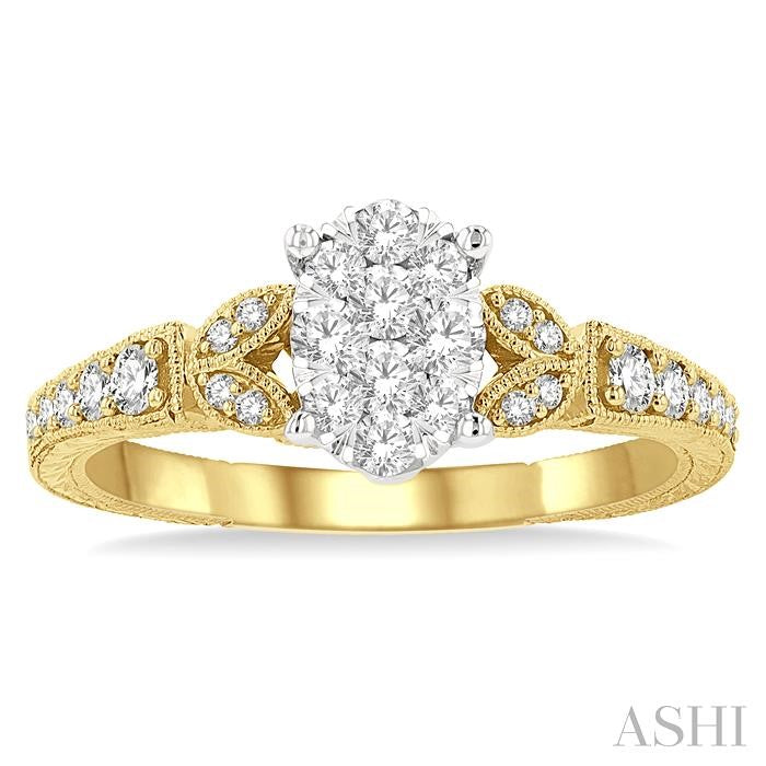 1/2 Ctw Oval Shape Leaf Carved Shank Shine Bright Round Cut Diamond Engagement Ring in 14K Yellow and White Gold
