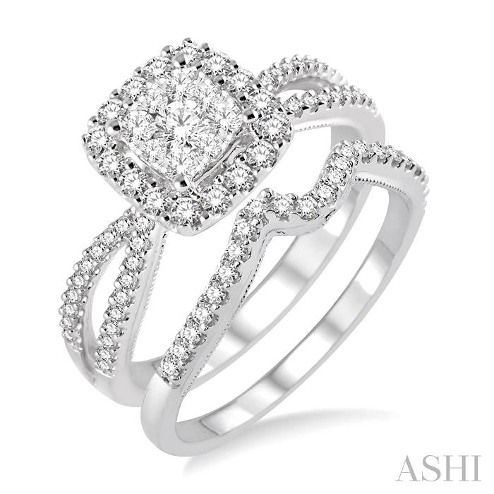 3/4 Ctw Diamond Wedding Set with 5/8 Ctw Lovebright Round Cut Engagement Ring and 1/6 Ctw Wedding Band in 14K White Gold