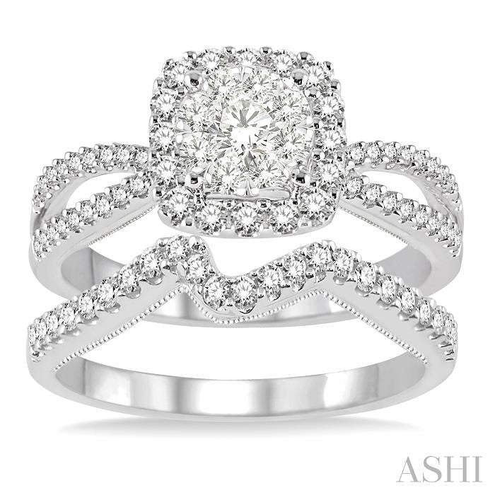 3/4 Ctw Diamond Wedding Set with 5/8 Ctw Lovebright Round Cut Engagement Ring and 1/6 Ctw Wedding Band in 14K White Gold