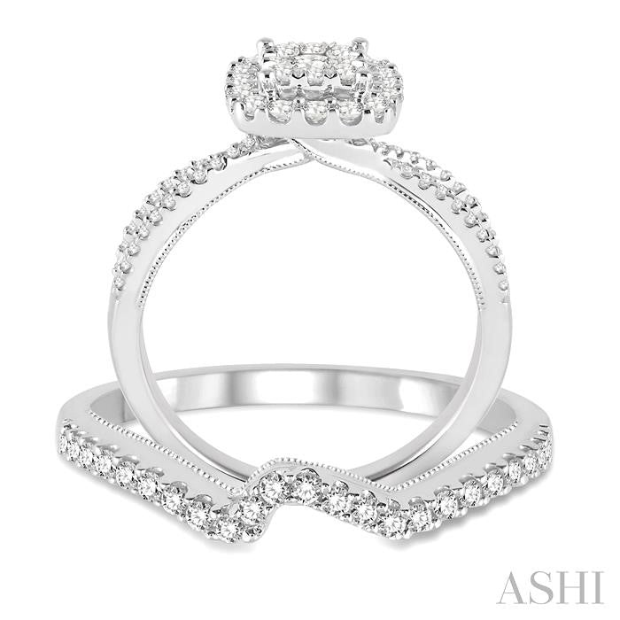 3/4 Ctw Diamond Wedding Set with 5/8 Ctw Lovebright Round Cut Engagement Ring and 1/6 Ctw Wedding Band in 14K White Gold
