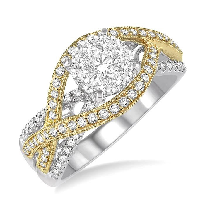 7/8 Ctw Round Diamond Shine Bright Crossover Shank Engagement Ring in 14K White and Yellow Gold