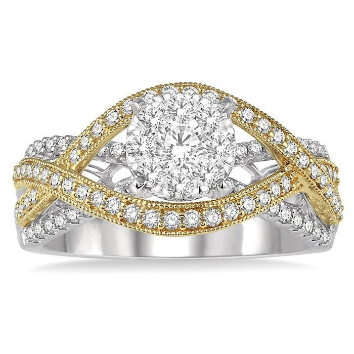 7/8 Ctw Round Diamond Shine Bright Crossover Shank Engagement Ring in 14K White and Yellow Gold