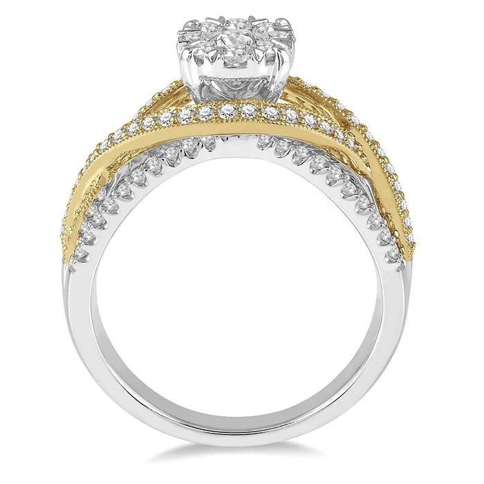 7/8 Ctw Round Diamond Shine Bright Crossover Shank Engagement Ring in 14K White and Yellow Gold