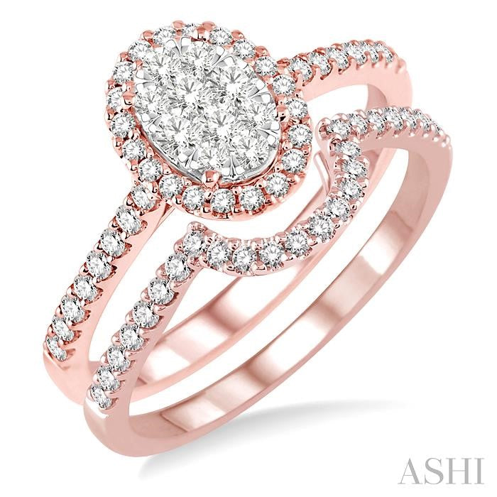 3/4 Ctw Oval Shape Diamond Shine Bright Wedding Set with 1/2 Ctw Engagement Ring and 1/5 Ctw Wedding Band in 14K Rose and White Gold
