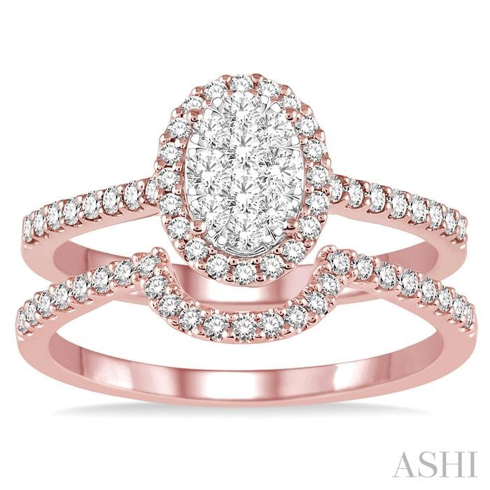 3/4 Ctw Oval Shape Diamond Shine Bright Wedding Set with 1/2 Ctw Engagement Ring and 1/5 Ctw Wedding Band in 14K Rose and White Gold
