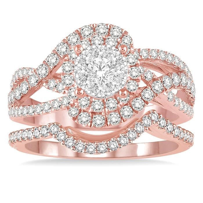 1 1/4 Ctw Diamond Shine Bright Wedding Set with 1 Ctw Engagement Ring and 1/5 Ctw Wedding Band in 14K Rose and White Gold