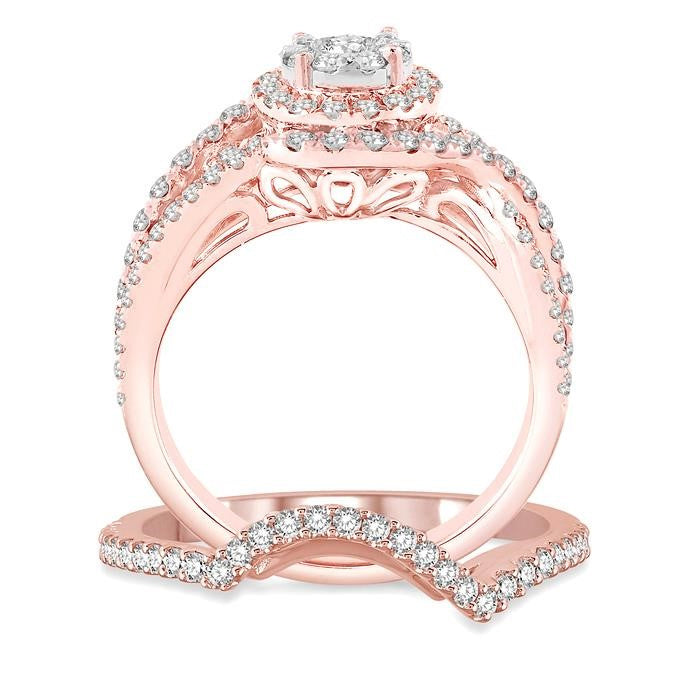 1 1/4 Ctw Diamond Shine Bright Wedding Set with 1 Ctw Engagement Ring and 1/5 Ctw Wedding Band in 14K Rose and White Gold