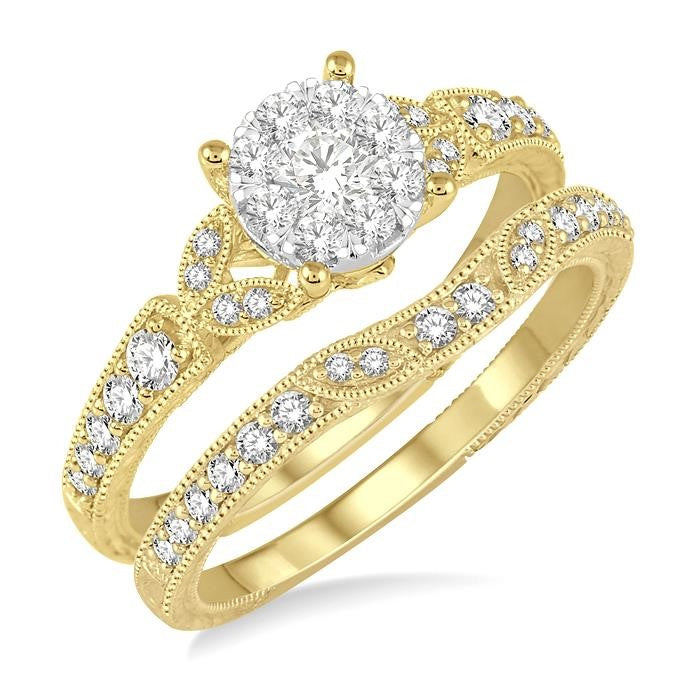 5/8 Ctw Round Cut Diamond Shine Bright Wedding Set with 1/2 Ctw Engagement Ring and 1/6 Ctw Wedding Band in 14K Yellow and White Gold