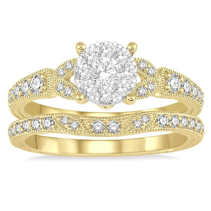 5/8 Ctw Round Cut Diamond Shine Bright Wedding Set with 1/2 Ctw Engagement Ring and 1/6 Ctw Wedding Band in 14K Yellow and White Gold