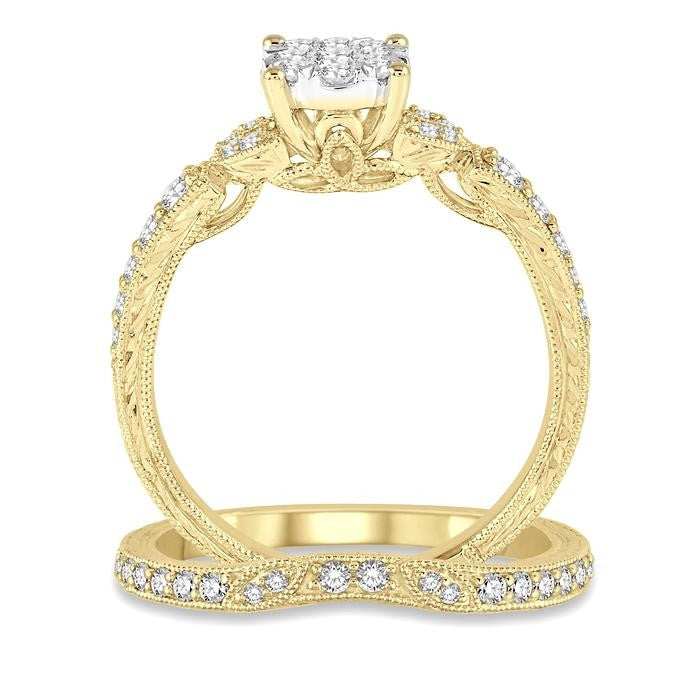 5/8 Ctw Round Cut Diamond Shine Bright Wedding Set with 1/2 Ctw Engagement Ring and 1/6 Ctw Wedding Band in 14K Yellow and White Gold