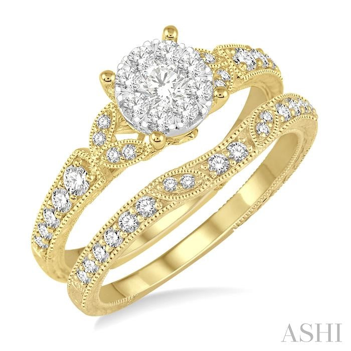 5/8 Ctw Round Cut Diamond Shine Bright Wedding Set with 1/2 Ctw Engagement Ring and 1/6 Ctw Wedding Band in 14K Yellow and White Gold