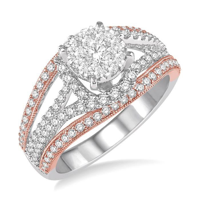 1 1/10 Ctw Round Diamond Shine Bright Engagement Ring in 14K White and Rose Gold