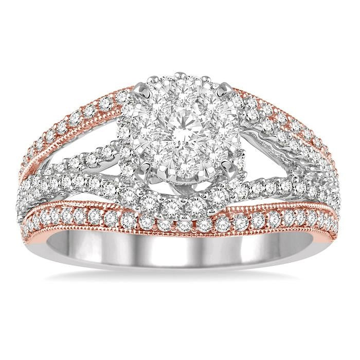 1 1/10 Ctw Round Diamond Shine Bright Engagement Ring in 14K White and Rose Gold