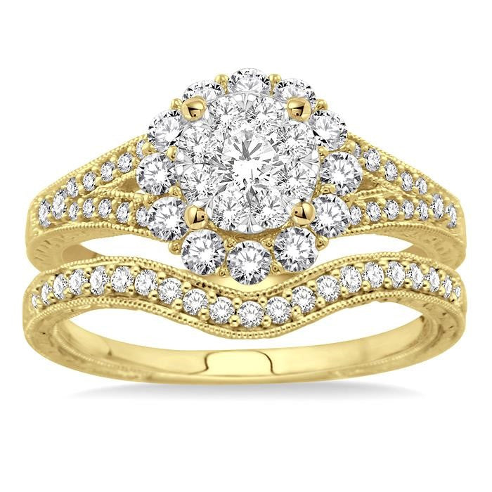 3/4 Ctw Diamond Shine Bright Wedding Set with 5/8 Ctw Engagement Ring in Yellow and White Gold and 1/6 Ctw Wedding Band in 14K Yellow Gold