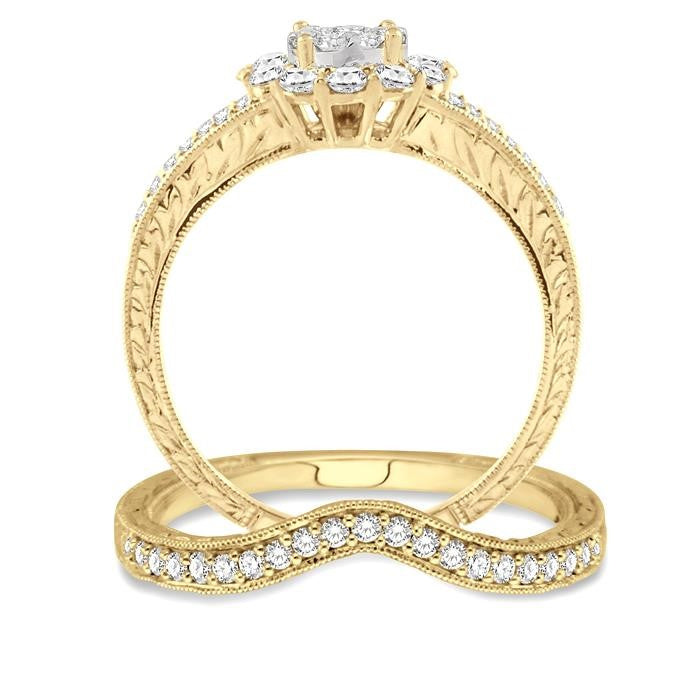 3/4 Ctw Diamond Shine Bright Wedding Set with 5/8 Ctw Engagement Ring in Yellow and White Gold and 1/6 Ctw Wedding Band in 14K Yellow Gold