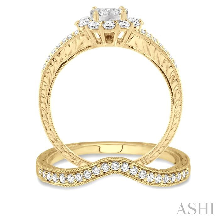3/4 Ctw Diamond Lovebright Wedding Set with 5/8 Ctw Engagement Ring in Yellow and White Gold and 1/6 Ctw Wedding Band in 14K Yellow Gold