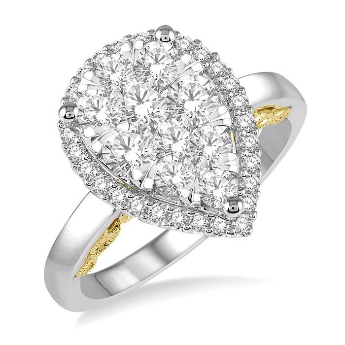 1 Ctw Round Diamond Shine Bright Pear Halo Engagement Ring in 14K White and Yellow Gold